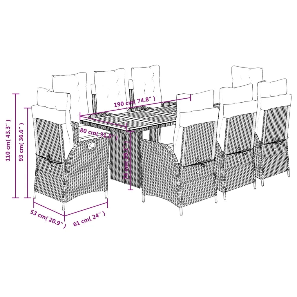 Set da Pranzo da Giardino 9 pz con Cuscini Nero in Polyrattan