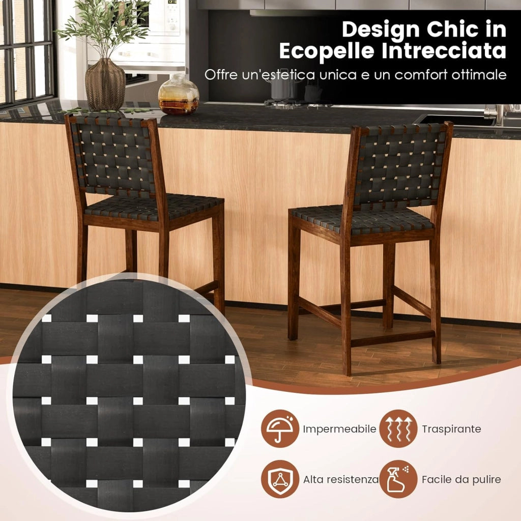 Sgabelli da Bar, 2 Sedie Alte con Cinturini in Similpelle, Schienale Accogliente e Struttura in Legno Massello, Sgabelli per Cucina, Sala da Pranzo, Ristorante e Bar