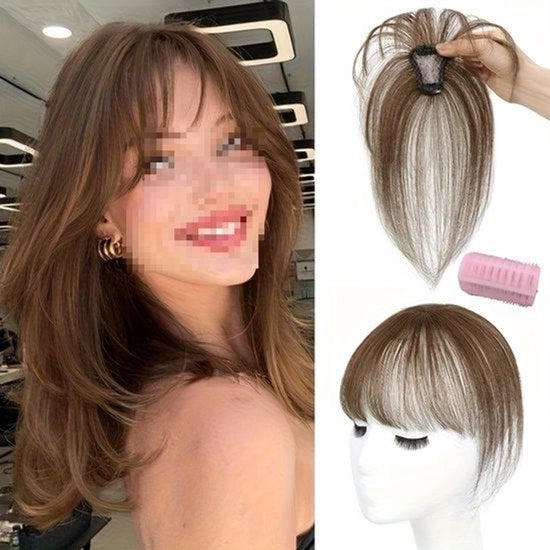 Parrucca marrone con chignon e clip-in capelli | Ricrescita francesa con capigliatura | Aspetto classico e elegante, basso mantenimento