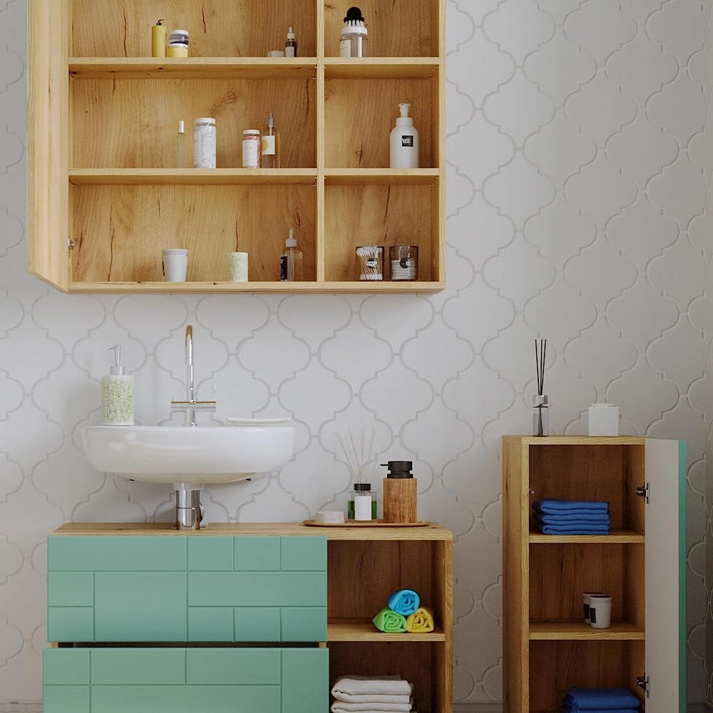 Set di mobili da bagno Rudi, Verde menta, 90 cm, composto da mobile sottolavabo, specchiera e mobile medio