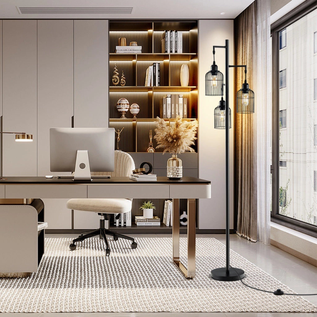 Lampada da terra moderna di 169 cm con 3 paralumi a gabbia interruttore a pedale, Lampada da terra industriale Nero-Lampade