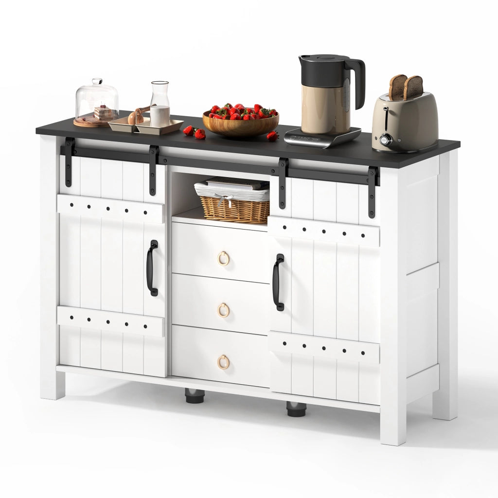 Credenza Sideboard da 120 cm con 2 porte scorrevoli e 3 cassetti, bianca, in MDF, stile rustico moderno