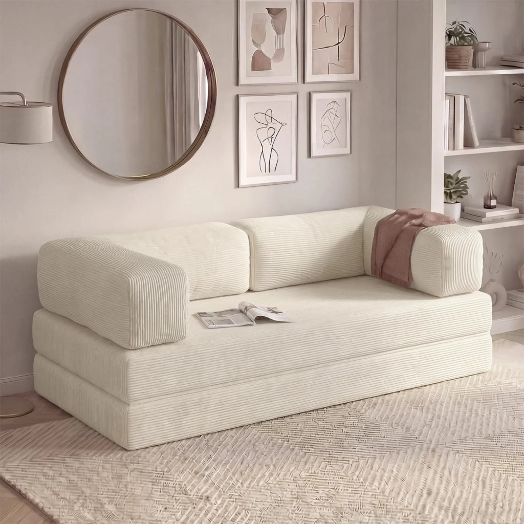 IDMarket - Divano a 3 posti diritto trasformabile NATOU in velluto a coste beige