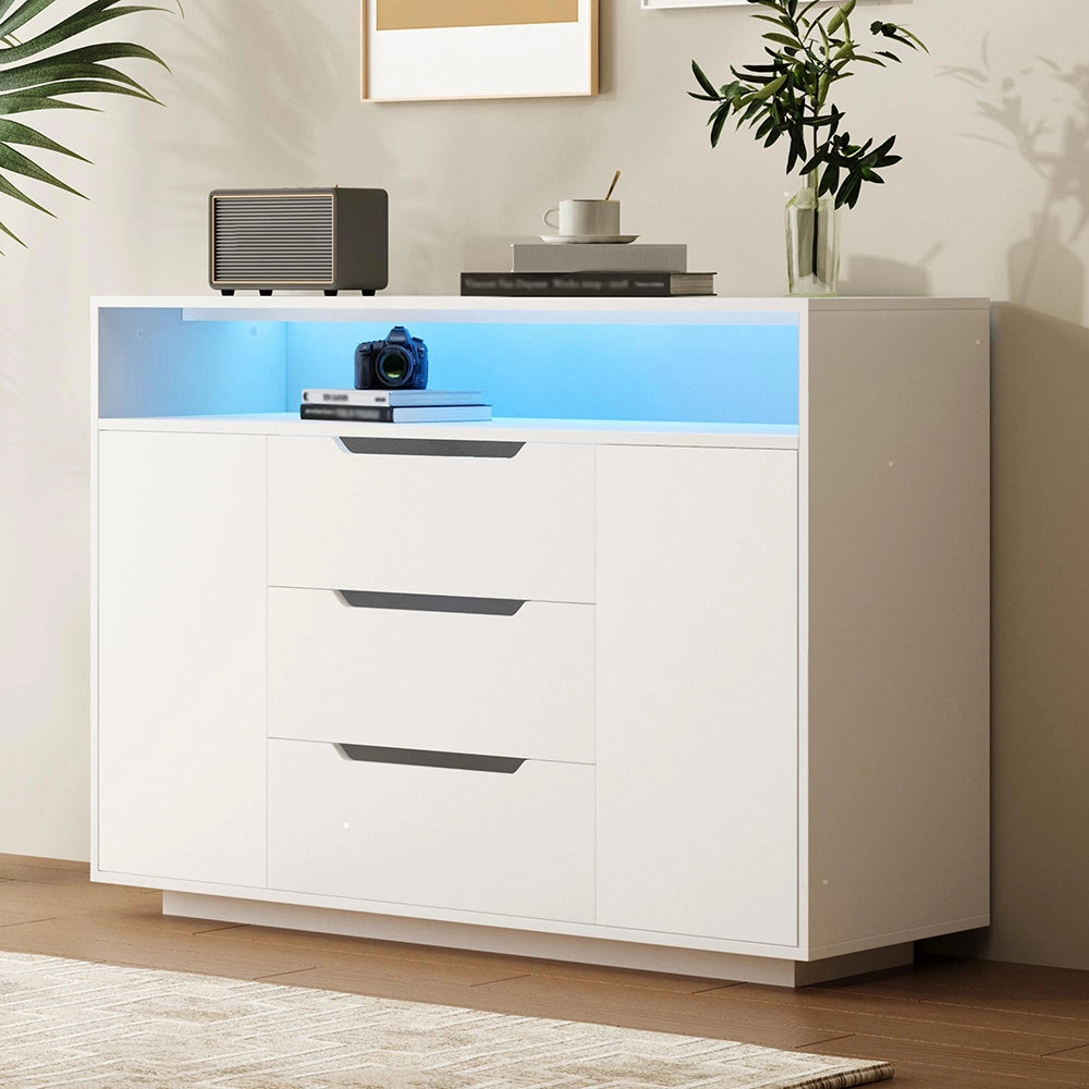 Armadio multifunzionale moderno - Xylo - Bianco con ripiano aperto, tre cassetti e porte su entrambi i lati