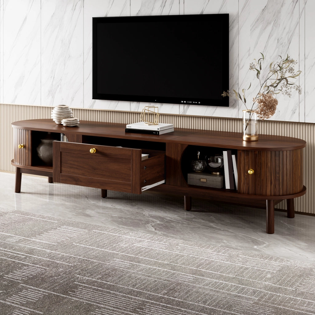 OKWISH Mobile TV con 2 Cassetti e 2 Ante Scorrevoli, Angoli Arrotondati, Gambe in Legno, MDF, Noce 170×39,5×38 cm