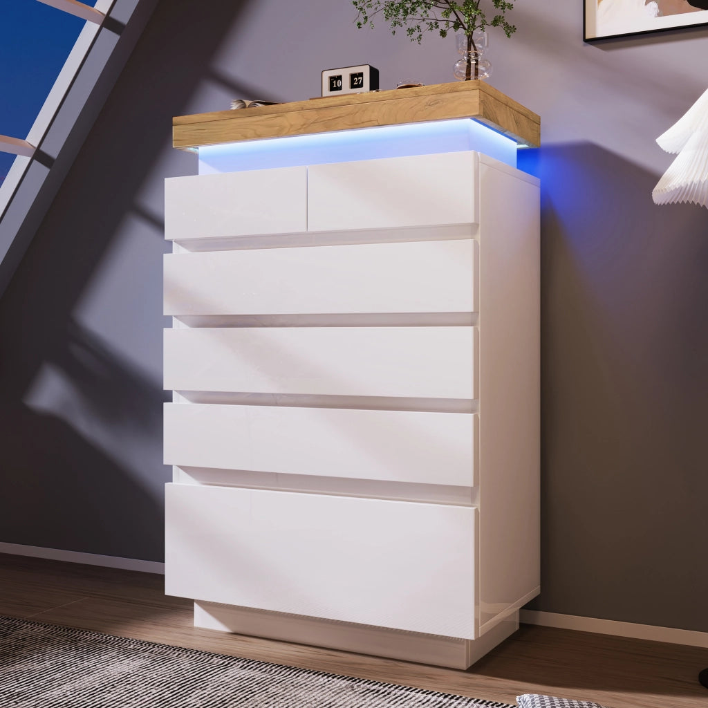 OKWISH Comò con 6 Cassetti e LED, Controllo Tramite App e Touch, per Camera da Letto o Soggiorno, Bianco, 73 x 39 x 115 cm