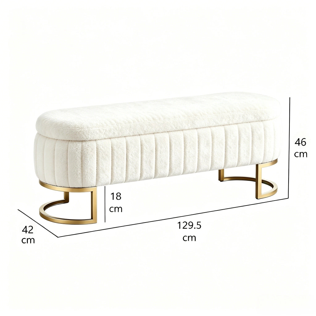Panca da letto contenitore in velluto con seduta imbottita e piedi in metallo dorato, crema 130 cm