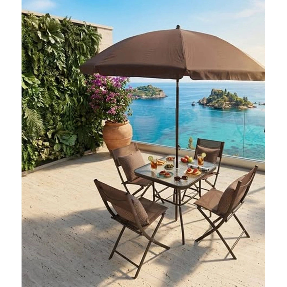 Trade Shop - Set Giardino Sharm Tavolo Con Ripiano Vetro 70x70cm 4 Sedie Pieghevoli Ombrellone Parasole - Marrone