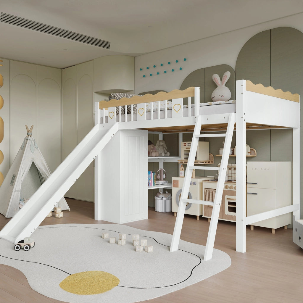 Letto a castello bianco e naturale con scivolo per bambini in legno massiccio e MDF 90x200 cm