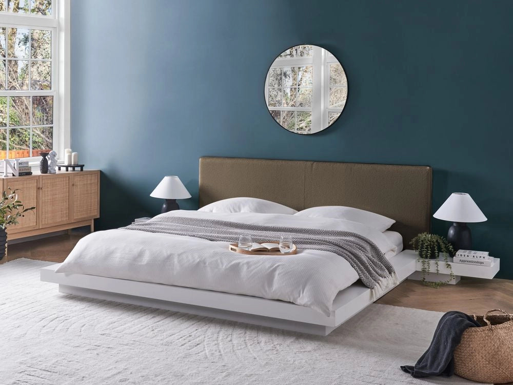 Letto matrimoniale ad acqua moderno con piattaforma comodini testata in legno bianco bouclé tortora 160 x 200 cm stile giapponese