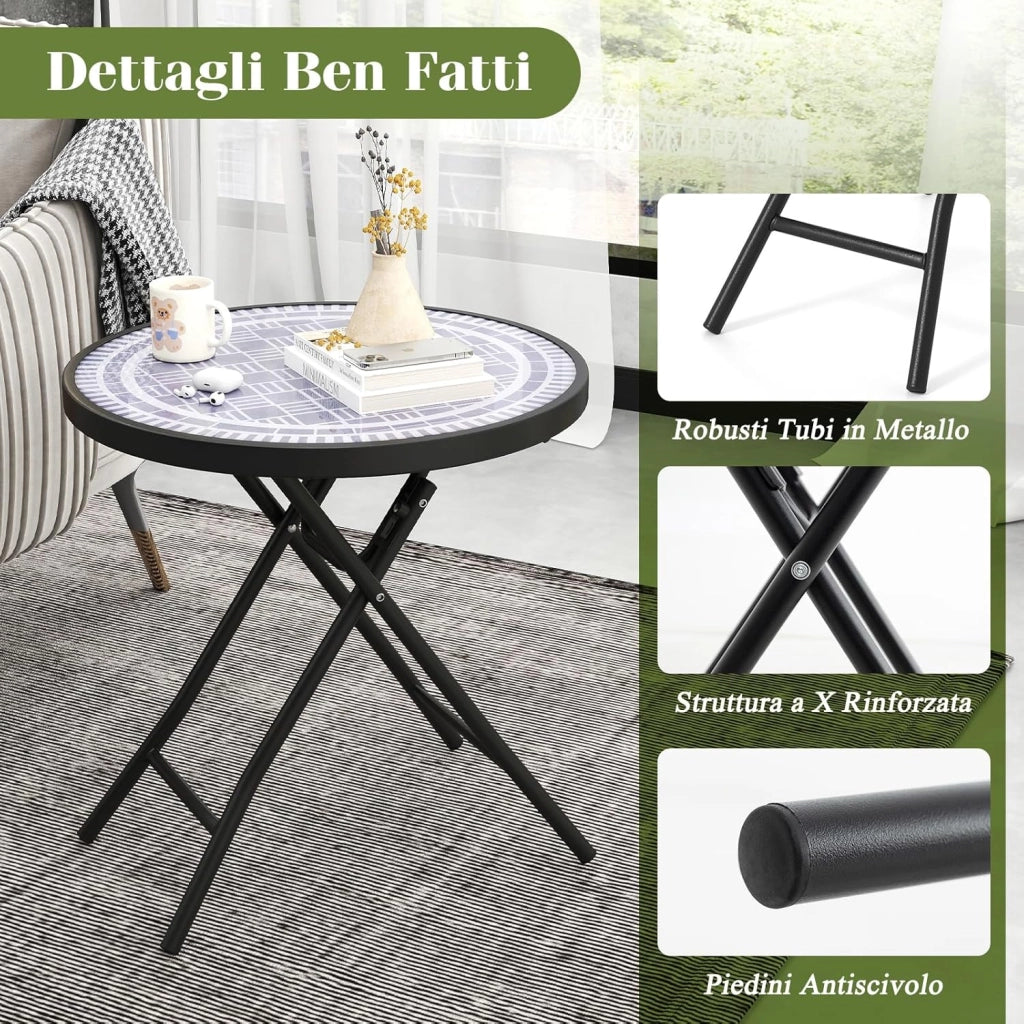 Tavolino da Giardino Pieghevole da 46 cm, Tavolino Rotondo Compatto da Patio, con Piano in Vetro Temperato e Struttura in Metallo, Tavolino Laterale Portata 50 kg (Grigio)