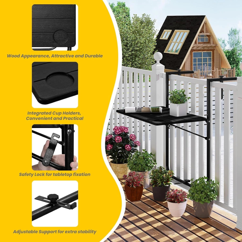 Tavolino pieghevole da appendere, per esterni, balcone, 3 altezze, regolabile, effetto legno, nero