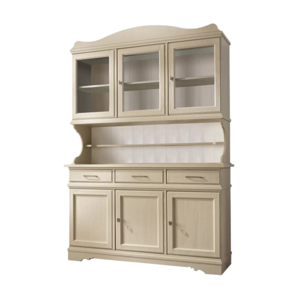 Cristalliera shabby in legno massello 6 ante 3 cassetti avorio opaco l.155 p.52 h.213 - Mobili 2G