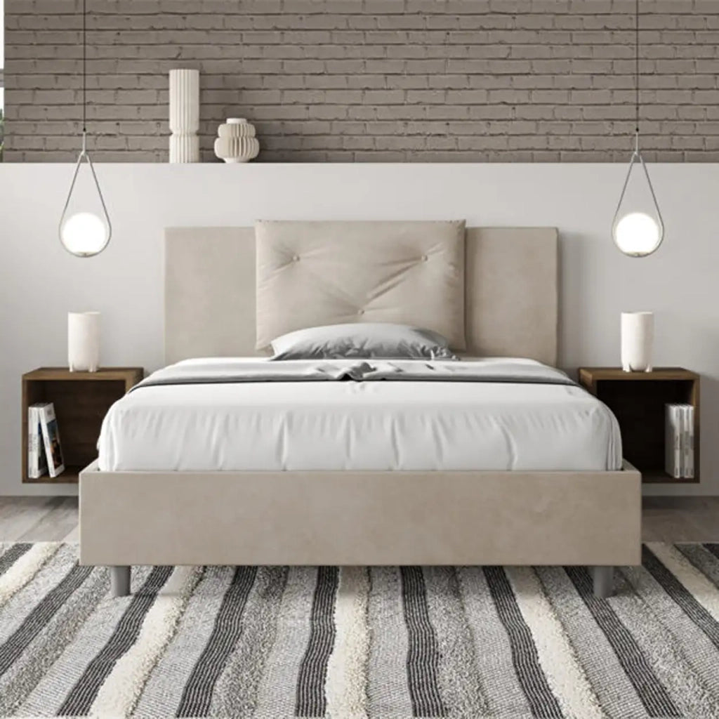 Letto matrimoniale francese senza rete imbottito 140x210 microfibra sabbia Appia