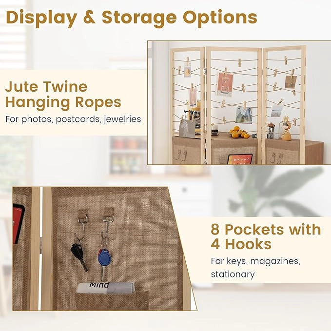 Paravento a 3 Pannelli, Separé Divisorio Pieghevole con 8 Tasche, 4 Ganci, Corde di Iuta per Appendere e 20 Clip in Bambù, Separatore di Spazio in Legno Boho per Casa e Negozi