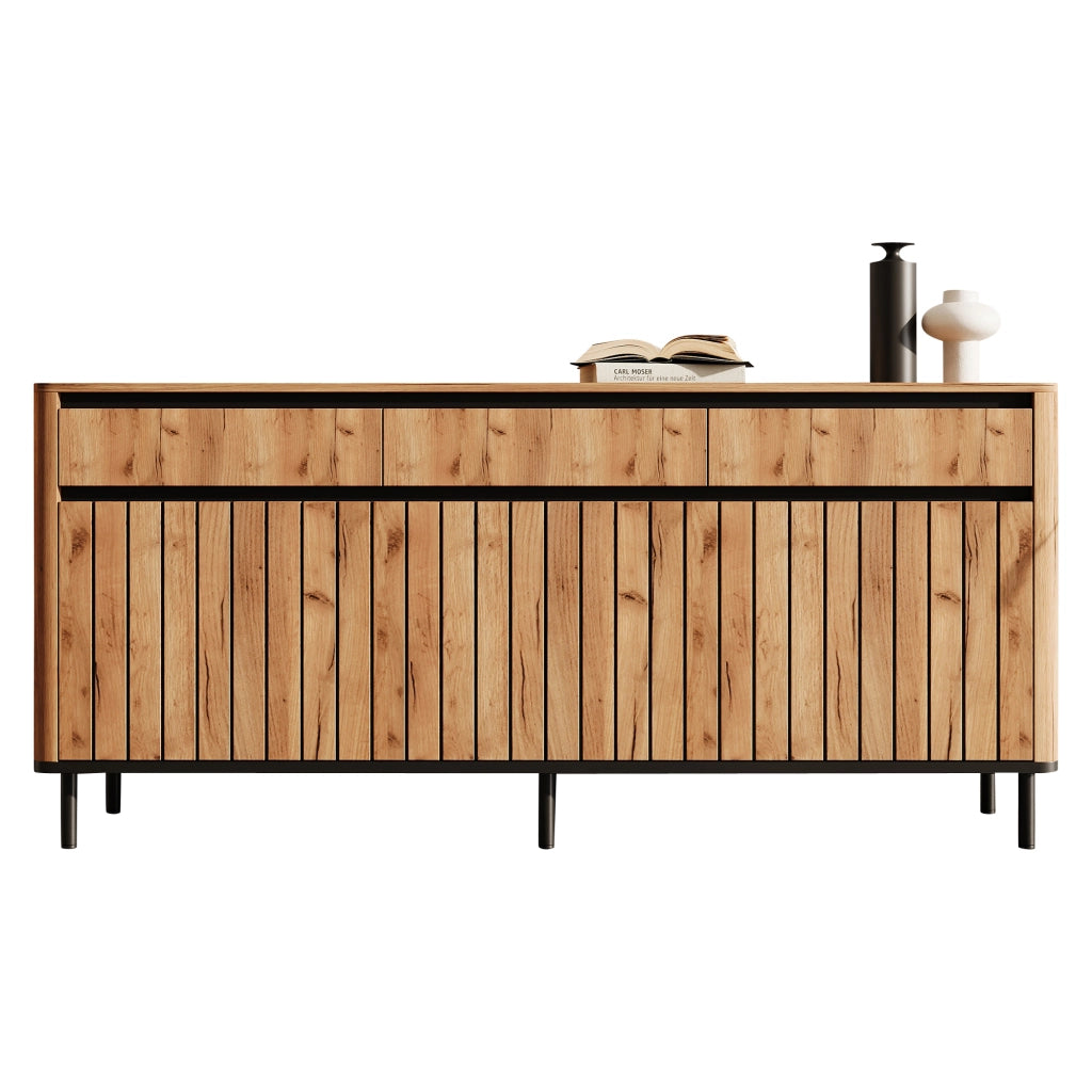 Credenza con 3 cassetti e 3 ante; per soggiorno; in MDF e metallo; 160×40×73 cm