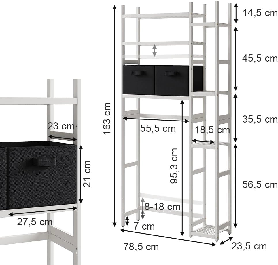 Mobiletto per lavatrice Bilbao, Bianco, 78.5 x 163 cm con 2 cassetti in pile, Ripiani aperti per detersivi, asciugamani e accessori