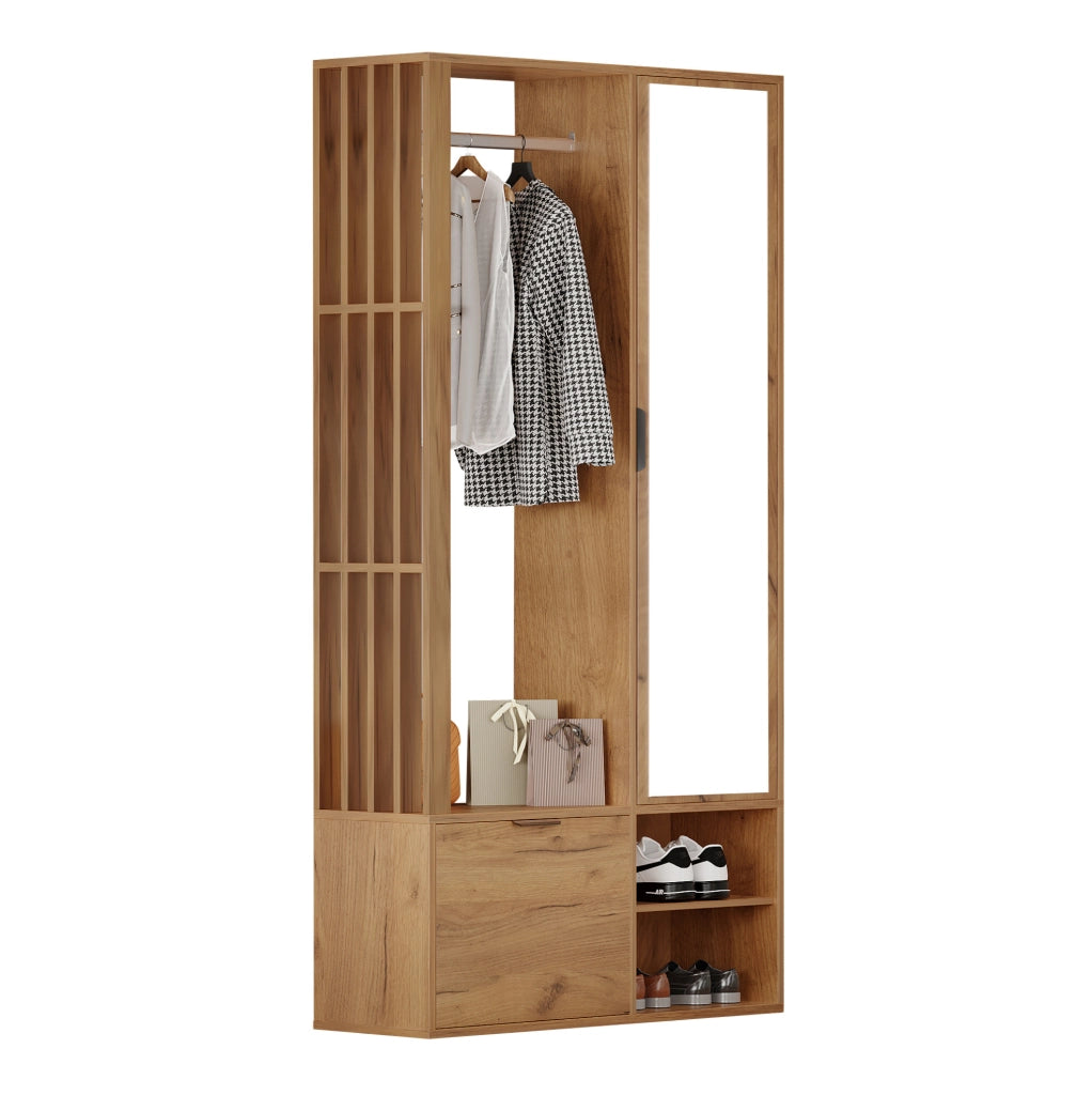 Mobile ingresso 6 in 1 100 x 33 x 190 cm con specchio; appendiabiti e vani; colore legno naturale