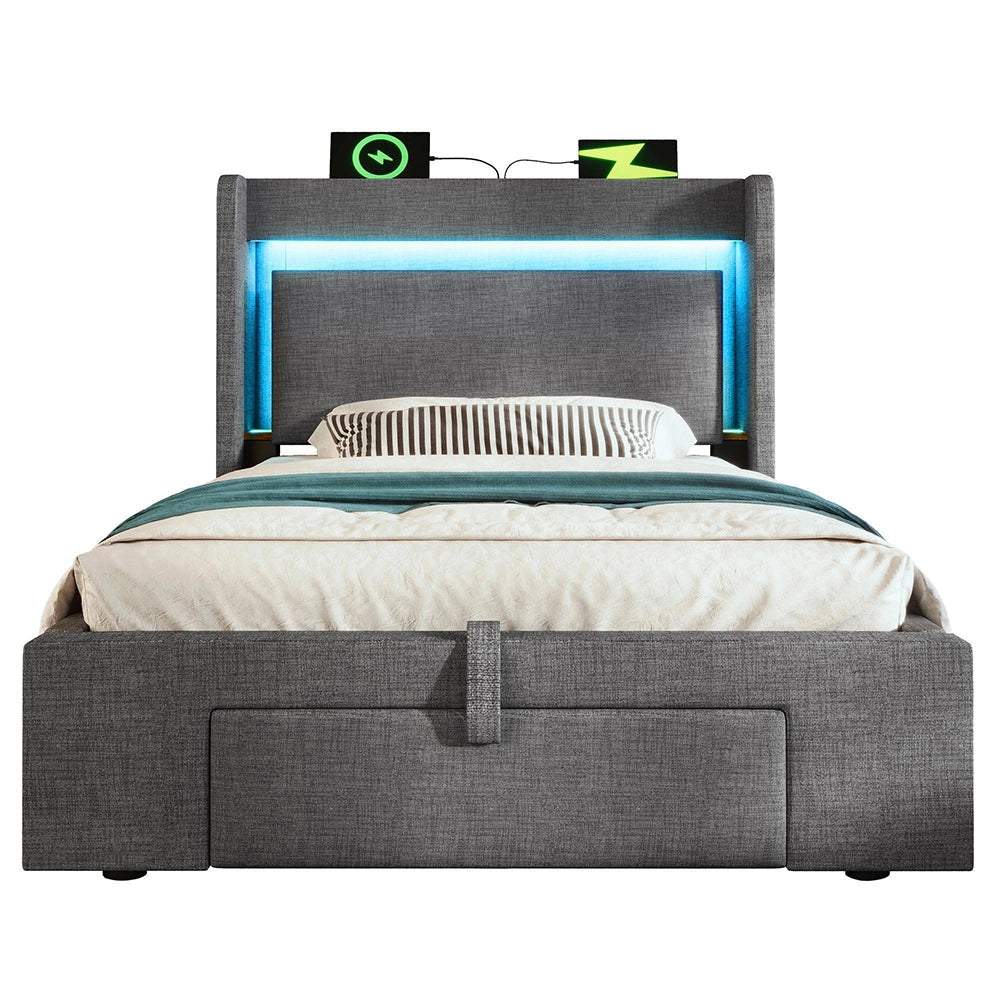 Letto imbottito 90x200 cm con testiera con illuminazione LED e USB - Xylo - Grigio lino con spazio idraulico