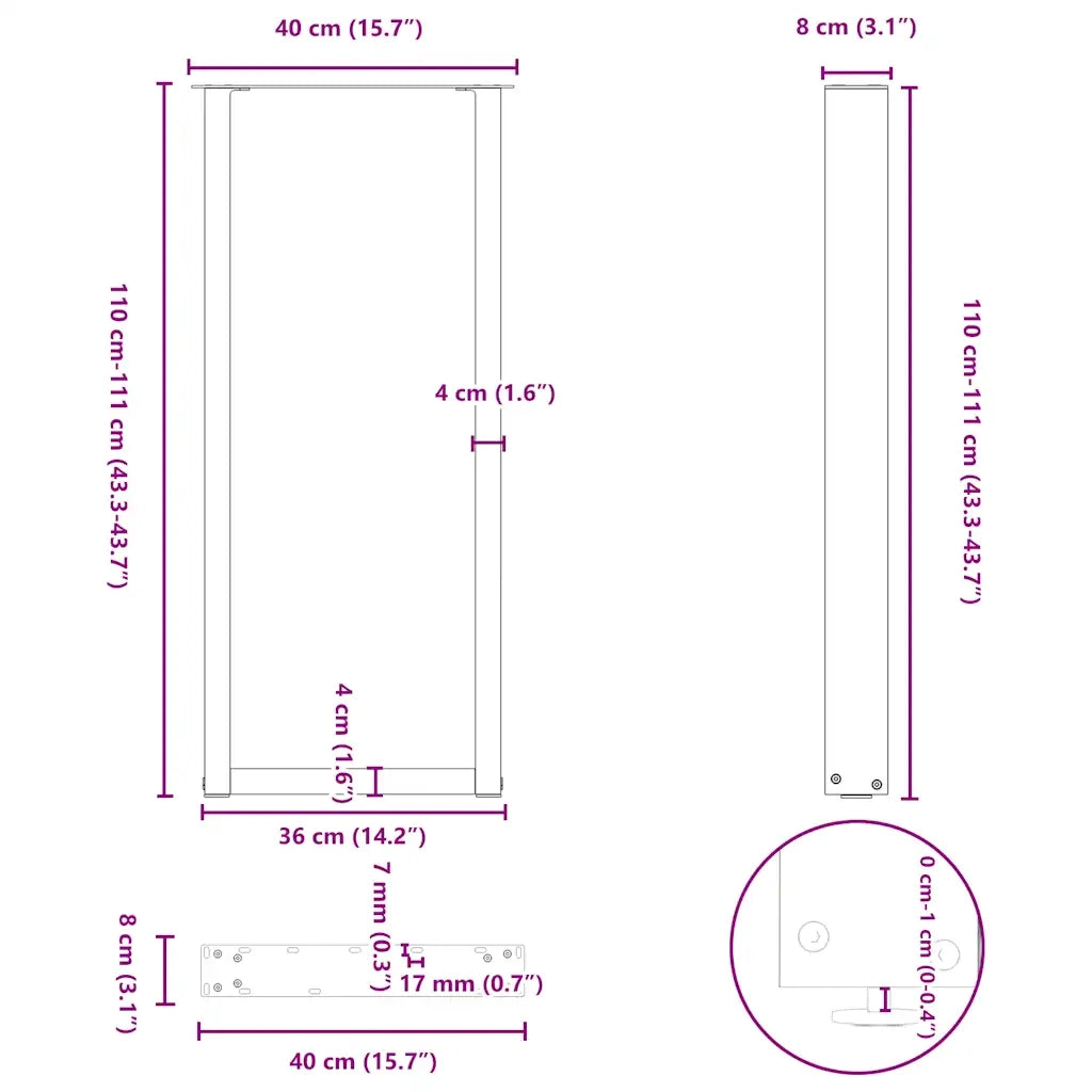 Gambe per tavolo da bar a forma di U 2 pz bianche 40x(110-111) cm in acciaio 4013241