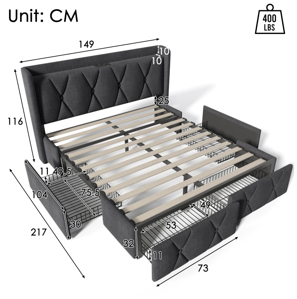 Letto matrimoniale 140x200 cm grigio in lino con USB, 4 cassetti e vano contenitore