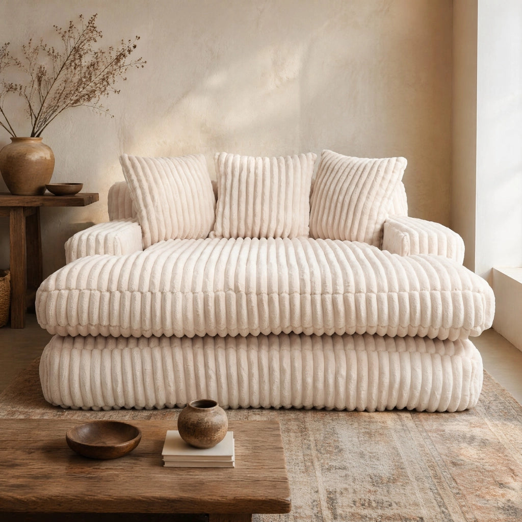 Chaise longue da interno in tessuto corduroy con 3 cuscini; 125x155x63 cm; beige