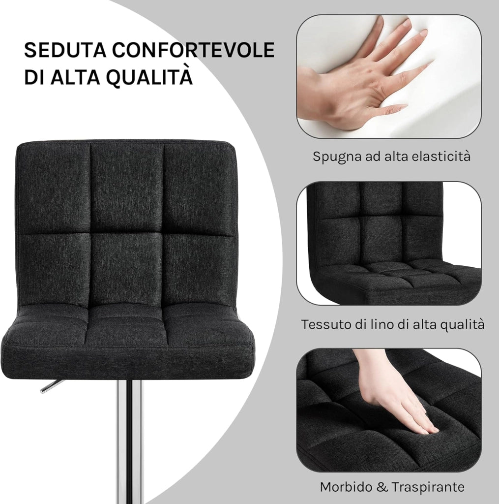 Sgabelli da Bar Sedia Cucina con Schienale Poggiapiedi Tessuto di Lino Cromato Altezza Regolabile Girevole Moderno Nero 1 Pezzo