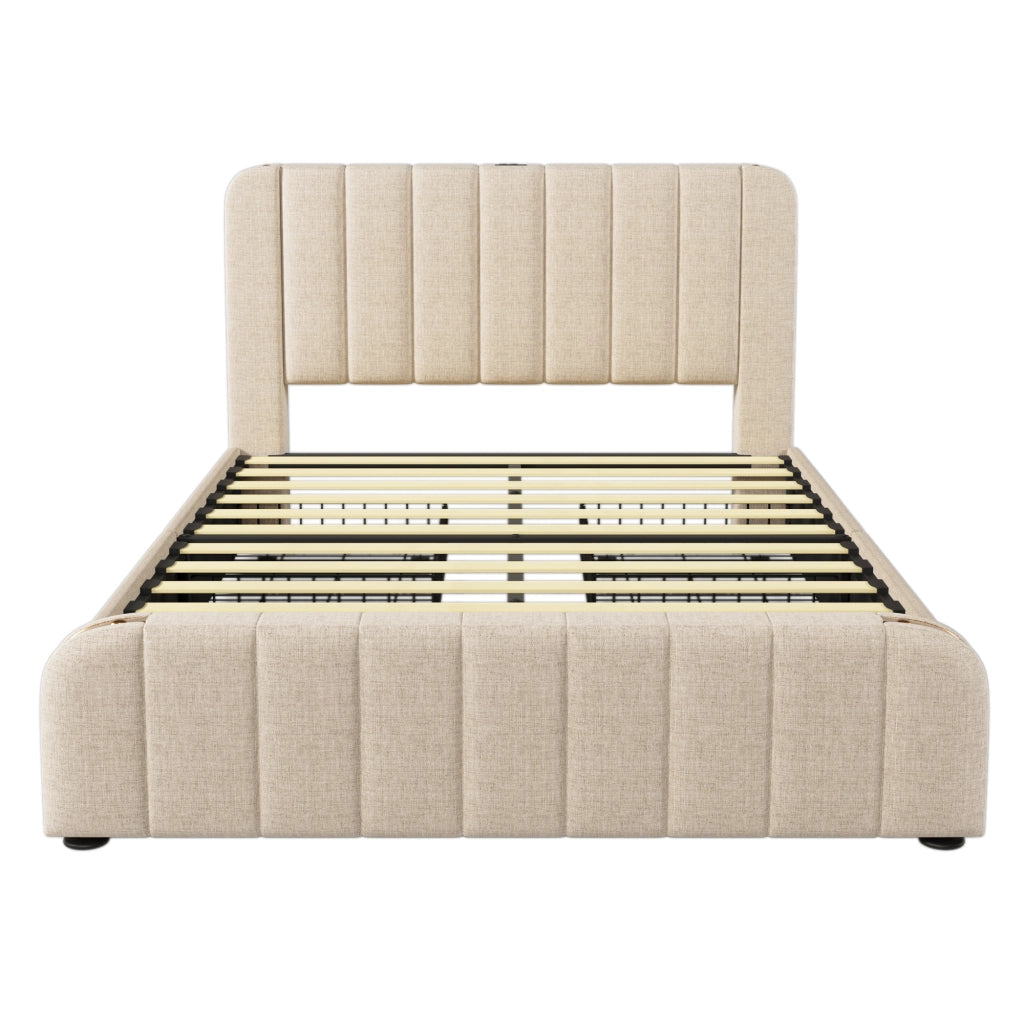 Letto matrimoniale imbottito 160x200 cm beige con testiera USB e 4 cassetti, materasso incluso