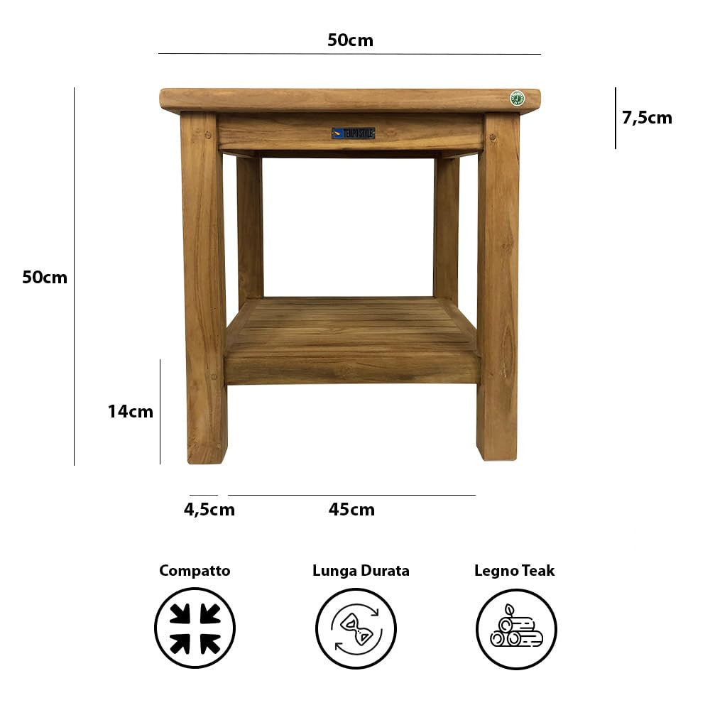 Tavolino Quadrato con Ripiano da Esterno Sal 50x50 cm in Legno Teak