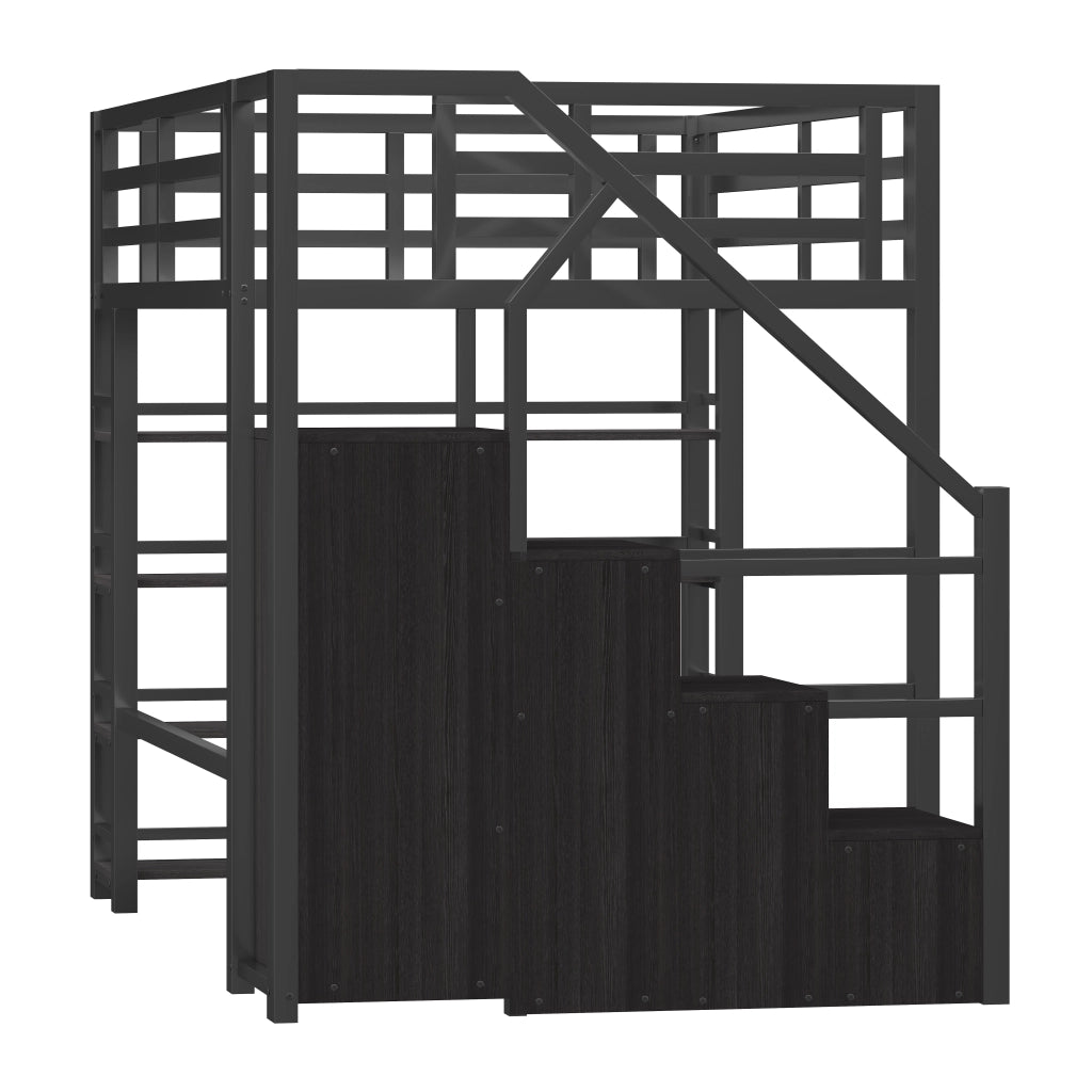 LETTO a soppalco 140x200 cm in metallo nero con LED e guardaroba
