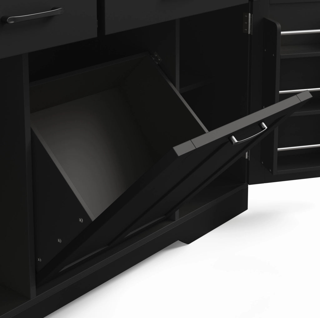 Isola cucina con piano ribaltabile 120x70x87 cm in MDF nero; carrello con ruote e porta spezie