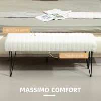 Panca Fondoletto Moderna con Gambe a Forcina, in Tessuto Effetto Ciniglia, Legno e Metallo, 118.5x46x49.5 cm, Crema