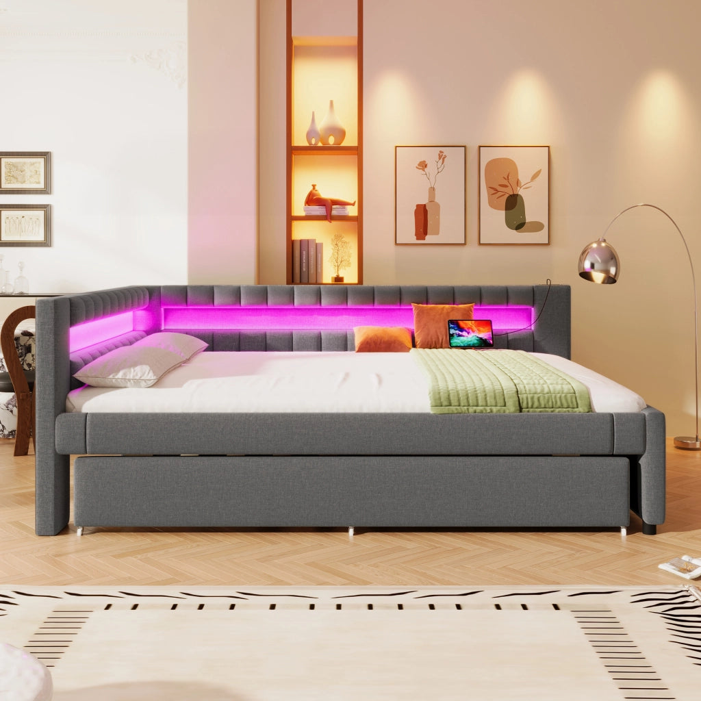 Letto estraibile matrimoniale 140×200 cm con LED; USB e Type-C; senza materasso; lino; grigio