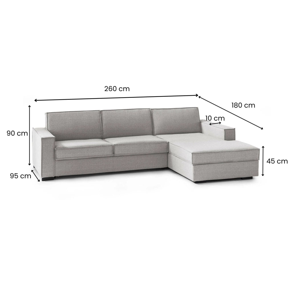 Afar, Divano Letto con Penisola Sfoderabile Made in Italy, 260x95 cm Grigio