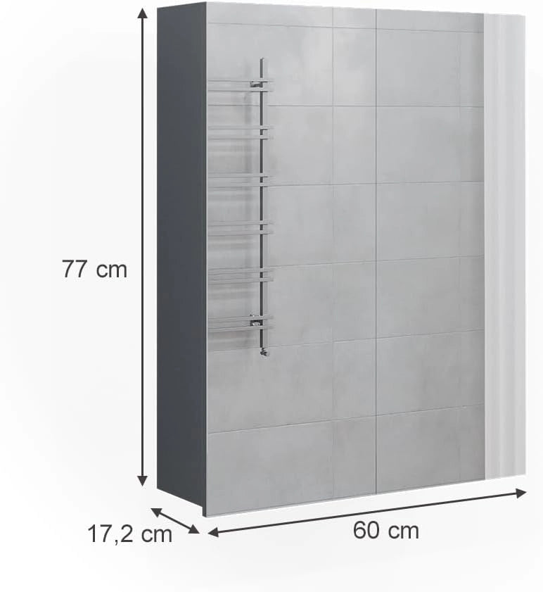 Specchio contenitore bagno Fredd, Antracite lucido, 60 x 77 cm, a parete con due ripiani interni regolabili