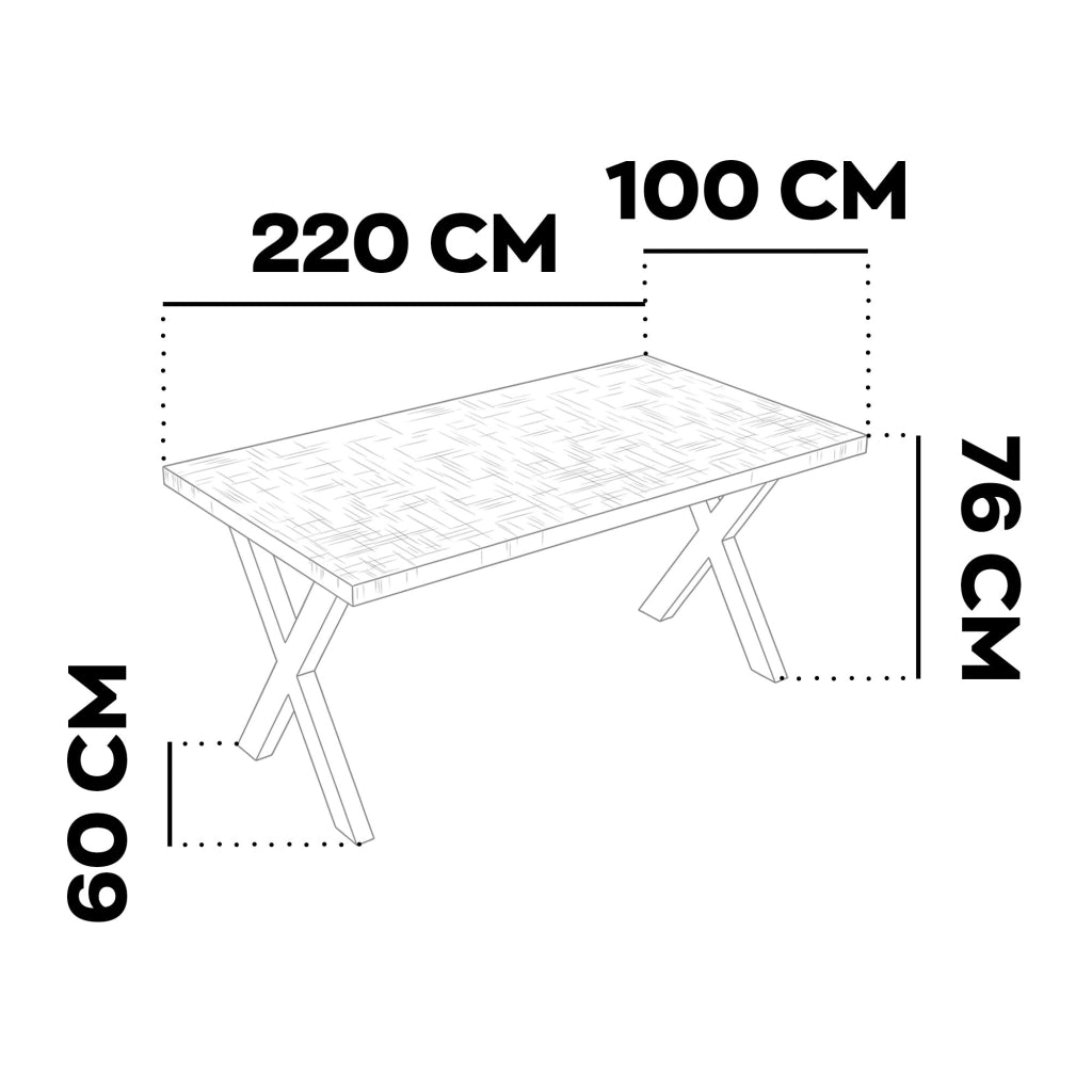 Tavolo da pranzo in legno e metallo con piedi x-shaped nero 220x100 cm Grigio Testurizzato