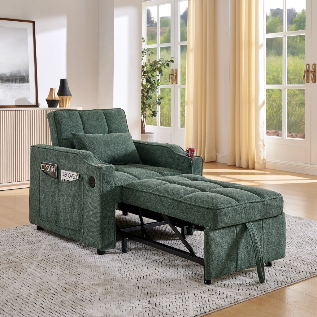 Fauteuil convertible con funzione letto, schienale regolabile, USB e portabicchieri, in tessuto verde 190 cm
