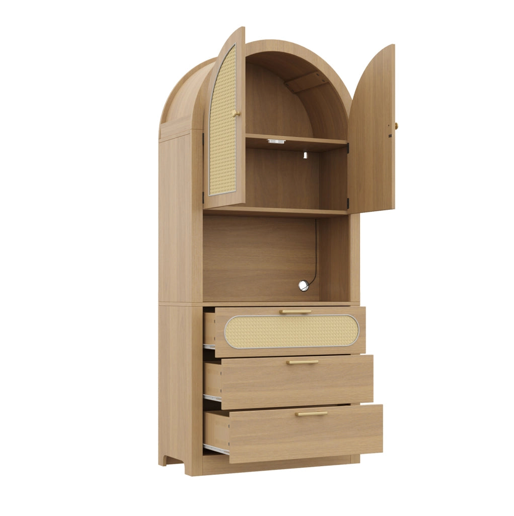 Credenza 80x35x180 cm con LED regolabile e ante in rattan; MDF e truciolare; bianco e naturale