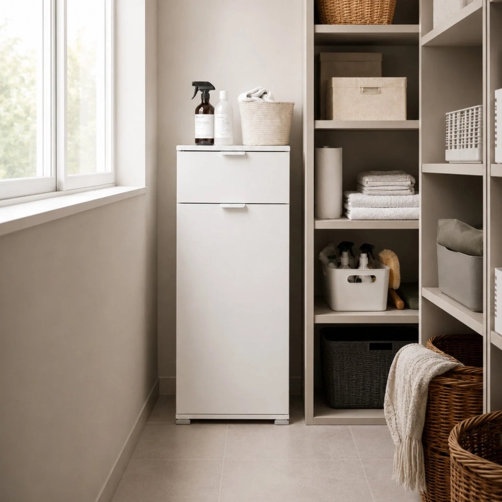 Mobile Base con Anta e Cassetto Bianco Già Montato | Armadietto Multiuso Salvaspazio 45x103x38 cm | Mobile Bagno o Lavanderia con Ripiani Regolabili