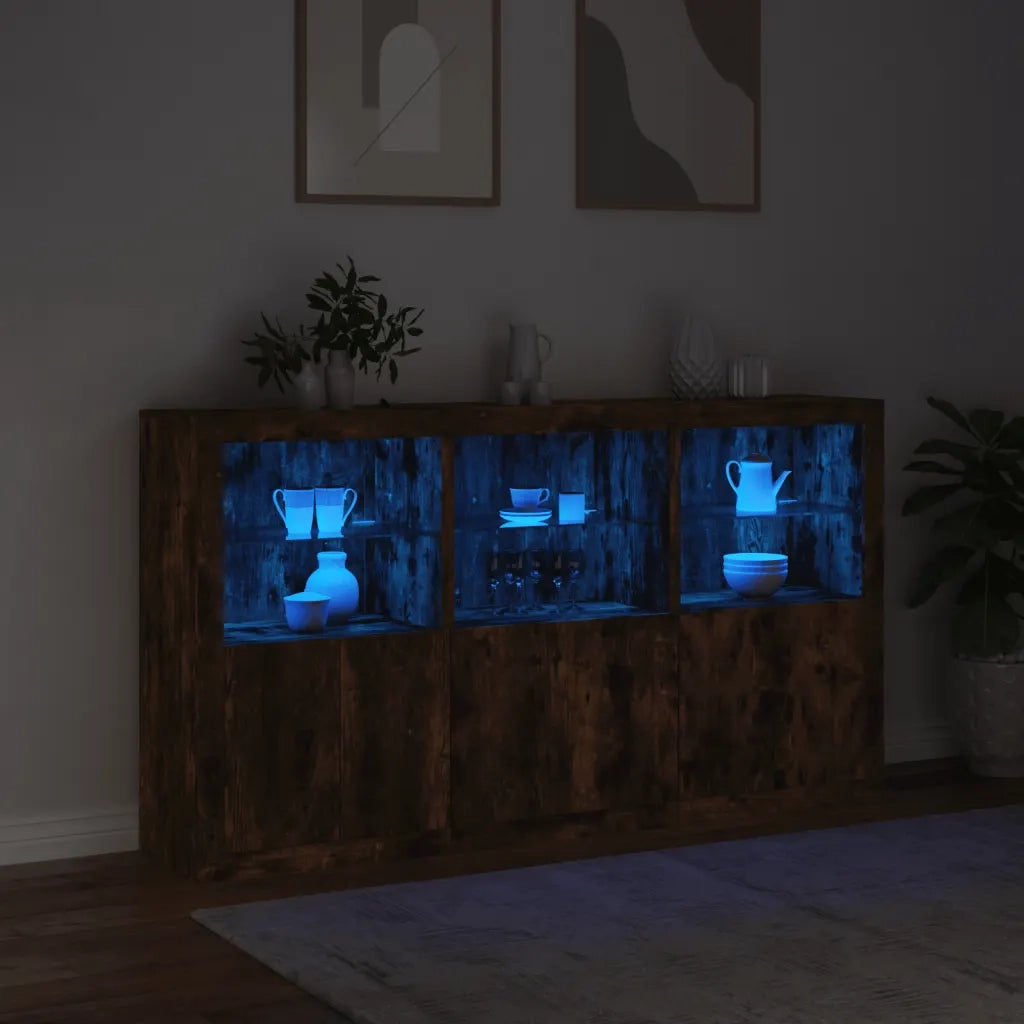 Credenza | Madia | Buffet da pranzo | Armadio da pranzo con Luci LED Rovere Fumo 181,5x37x100 cm