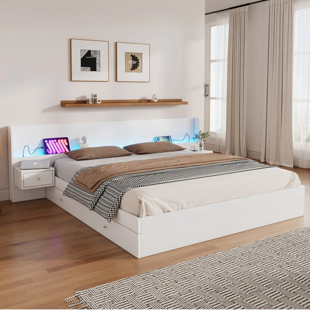 Letto Matrimoniale con LED, USB e Comodini ¨C MINIMAL ¨C Bianco 180x200