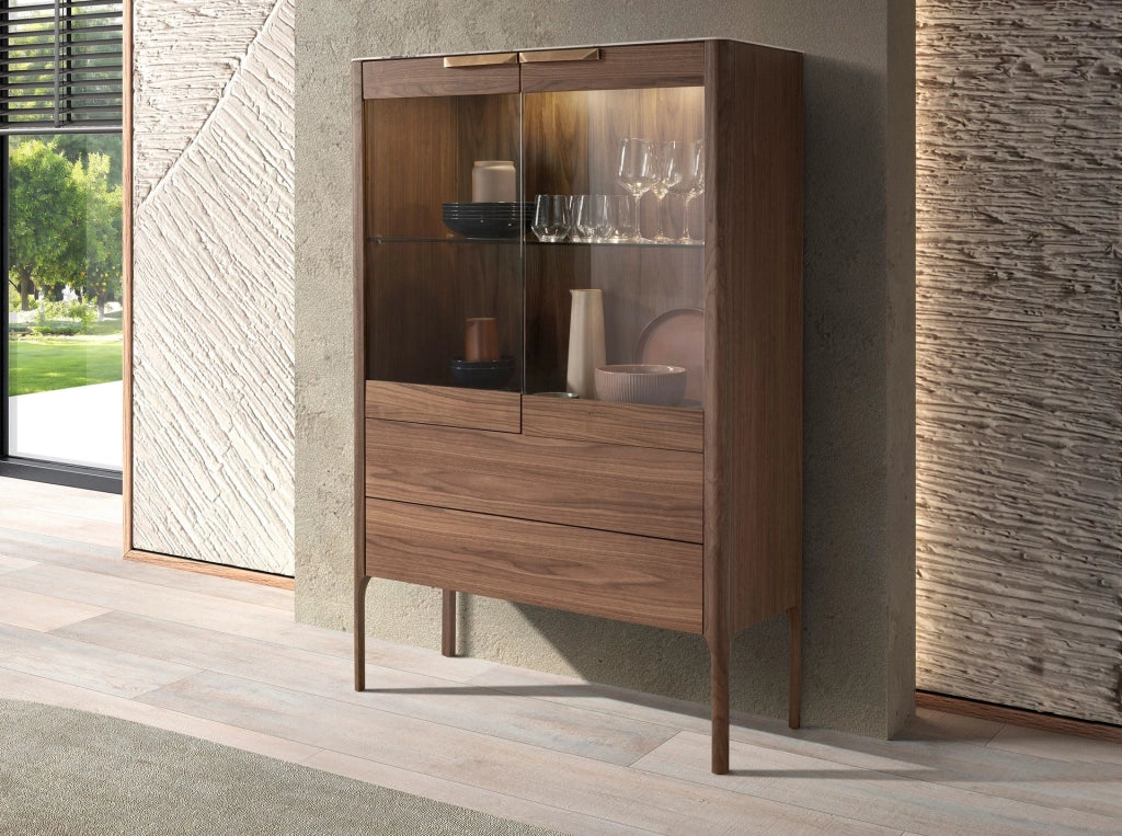 Credenza alta in noce con piano in vetro finto marmo e illuminazione interna