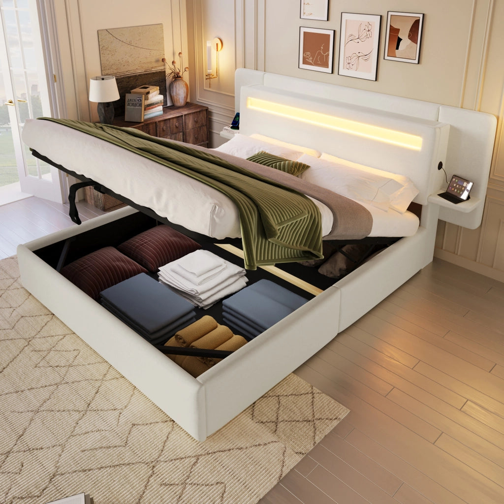 Letto imbottito 140x200 cm beige con contenitore idraulico; LED multicolore e comodino integrato