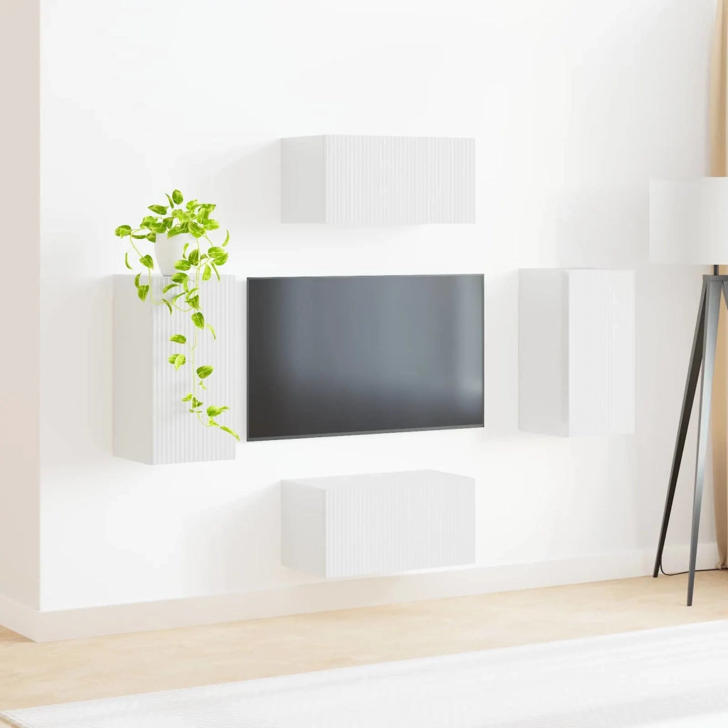 Set mobile TV 4 pz-Credenza per TV Bianco Lucido Legno multistrato 514712