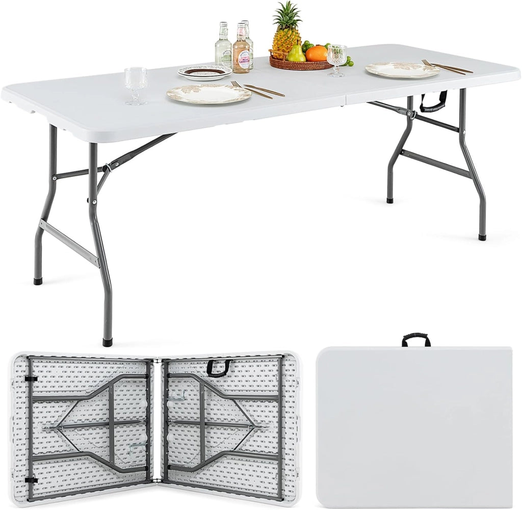 Tavolo da Pranzo Pieghevole 180 cm, Tavolo Campeggio in Plastica con Maniglia, Gambe in Metallo e Piedini Antiscivolo, per Picnic, Campeggio, Giardino, Portata 180 kg