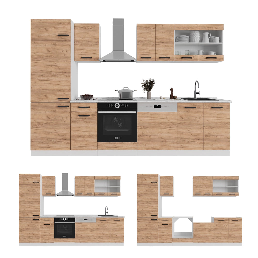 Cucina componibile R-Line Rovere dorato/Bianco 300 cm PL Marmo Vicco