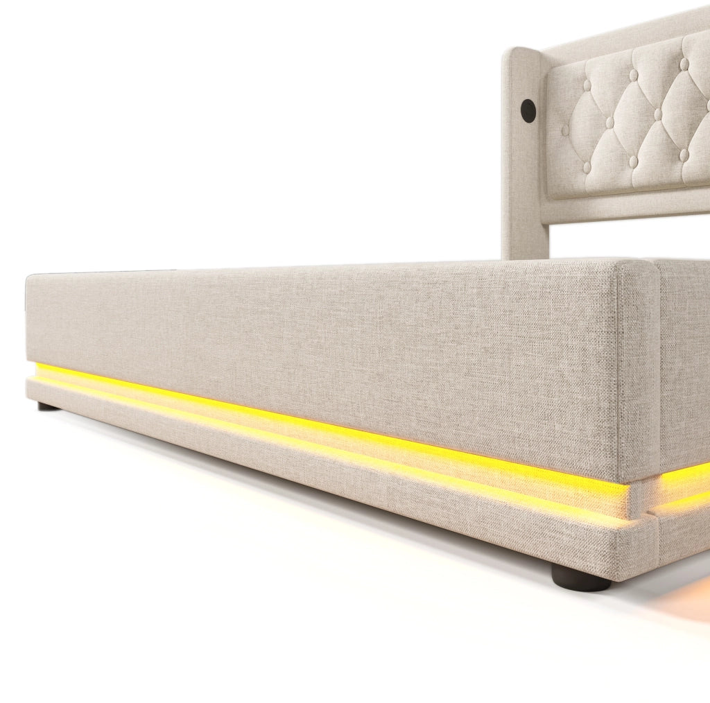 Letto contenitore 160x200 cm con materasso, LED, USB e USB-C in cotone beige