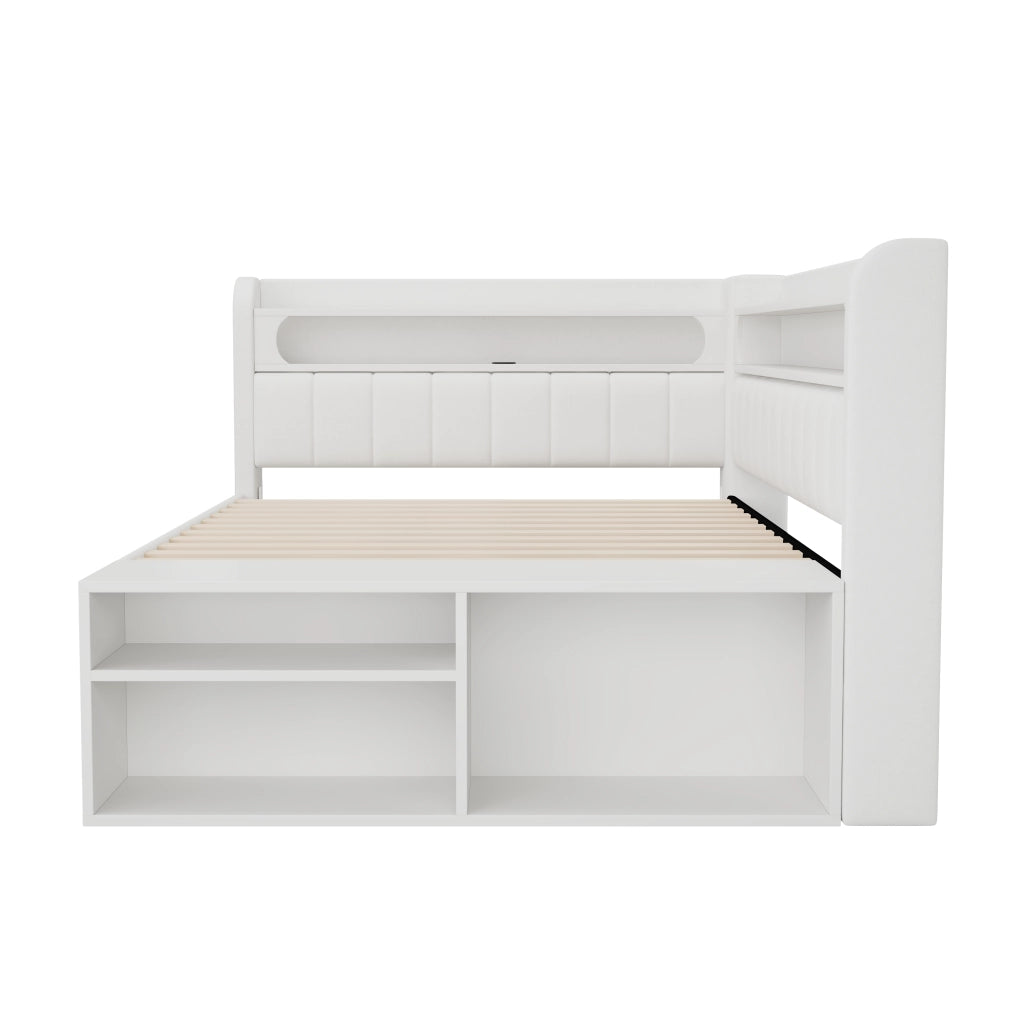 Divano letto imbottito con USB LED 7 colori armadietto portascarpe e 2 cassetti in MDF e tessuto bianco 90 × 200 cm