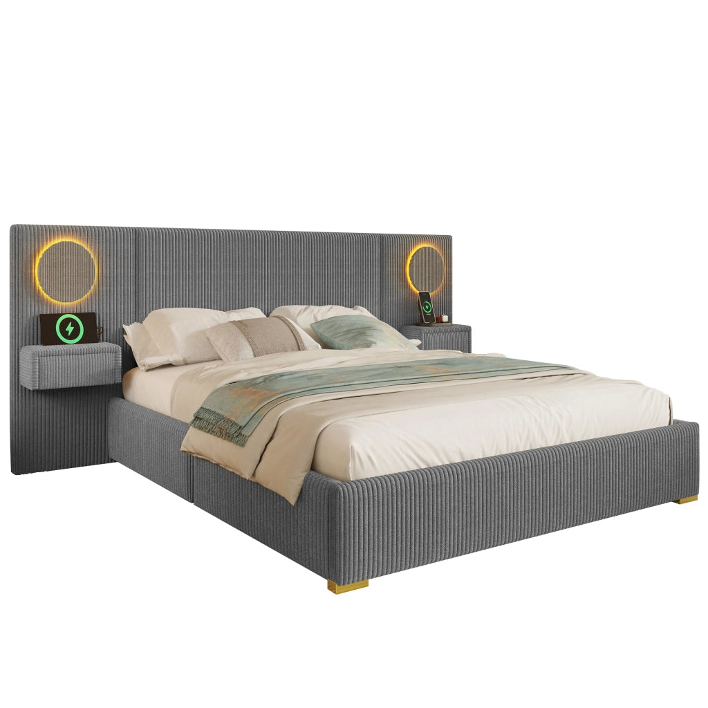 Letto Matrimoniale 180x200 cm; USB; LED; Cassetti e Tavolini in Velluto Grigio