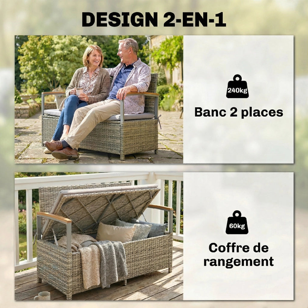 Panchina da Giardino con Cassapanca 2 Posti ¨C zephmum ¨C Grigio Resina Intrecciata 170L 120x60x84cm